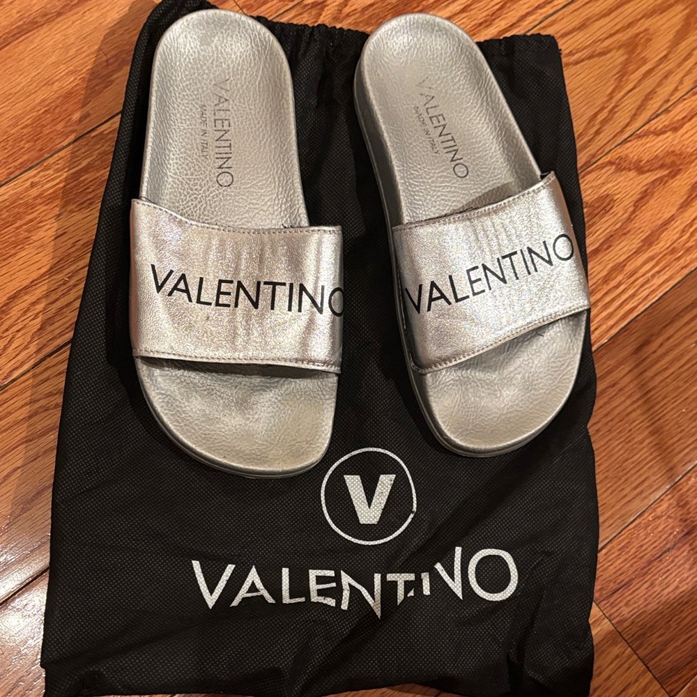 Valentino Metallic Silver Slides
